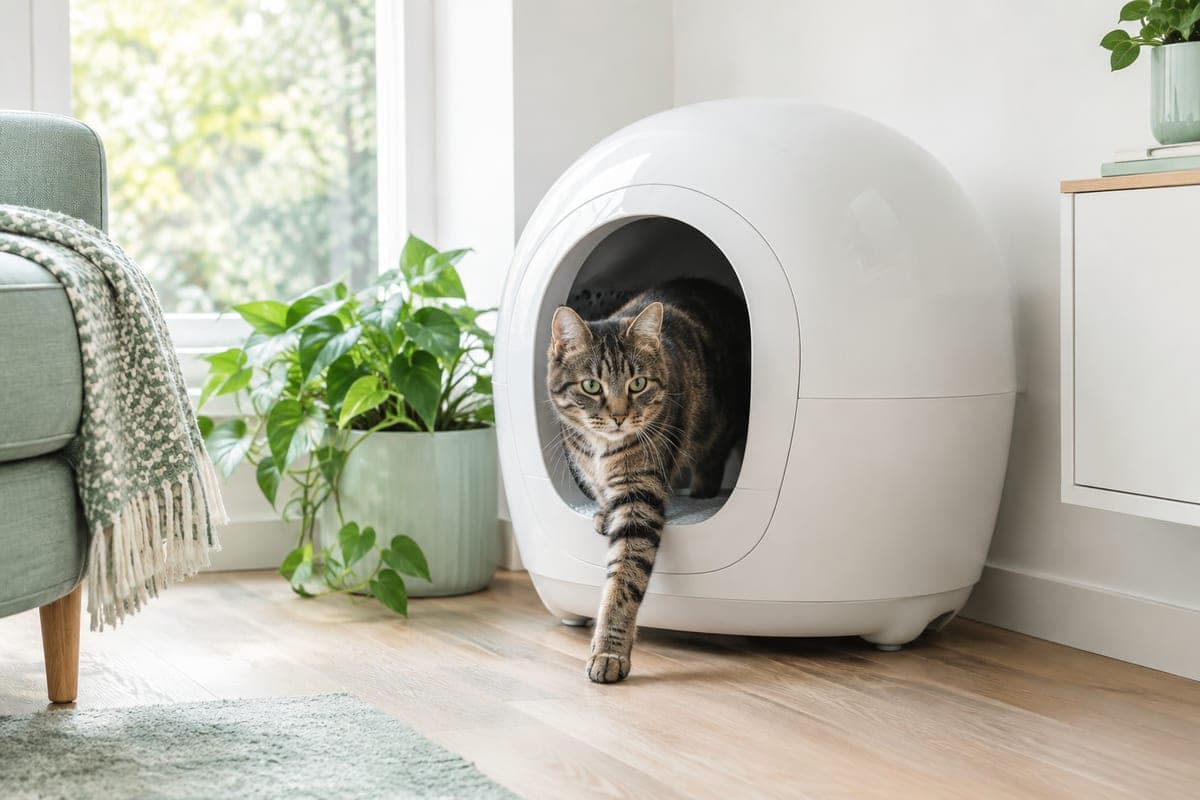 Un chat tigré sort d'une litière autonettoyante blanche en forme de dôme, dans le coin d'un salon lumineux