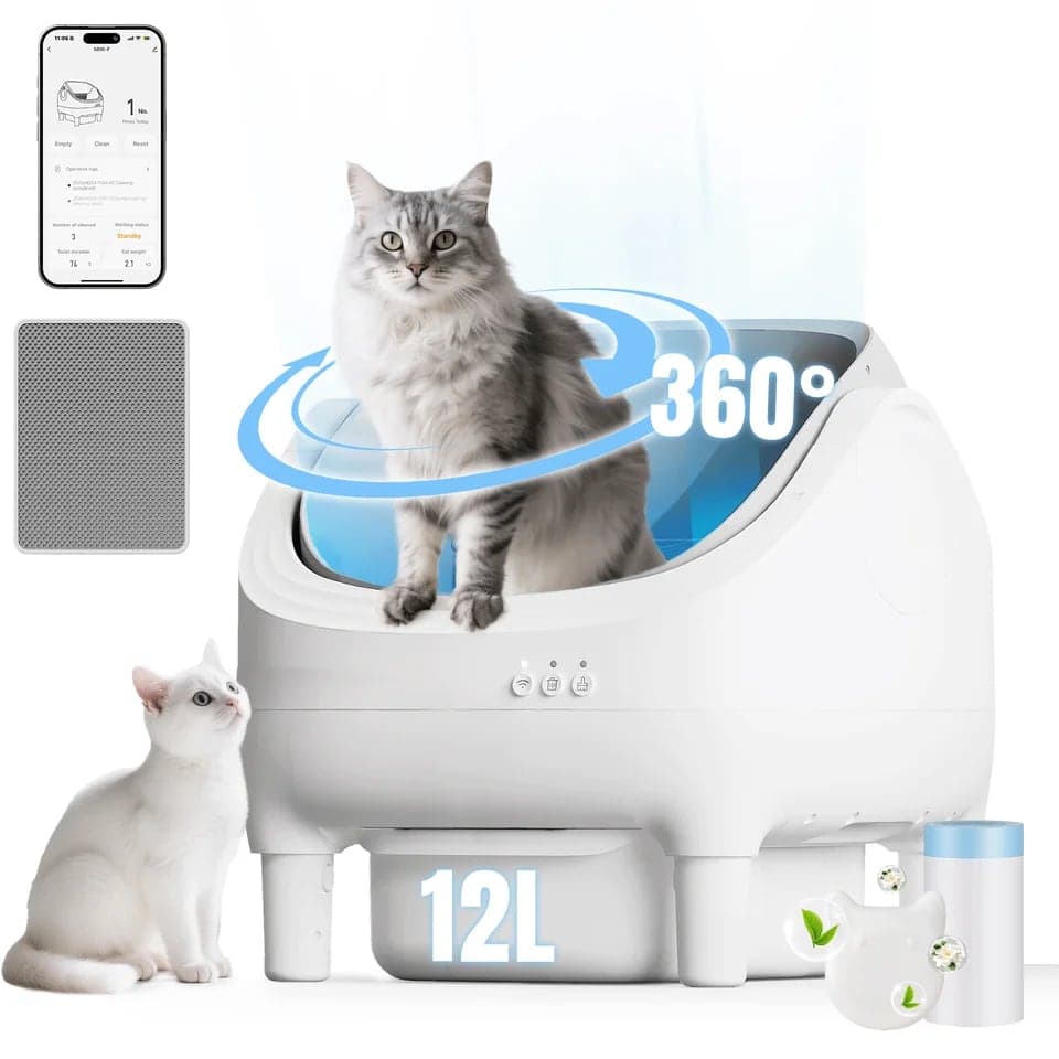 Litière automatique ouverte Devoko blanche, un chat gris tigré assis dans le bac et un chat blanc à côté