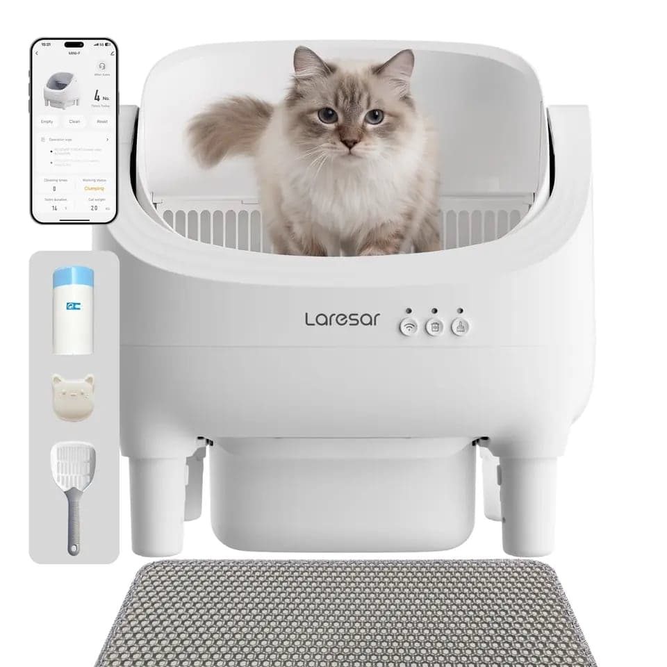 Litière électrique ouverte Laresar, un chat blanc et crème assis dans le bac, avec ses accessoires et son tapis