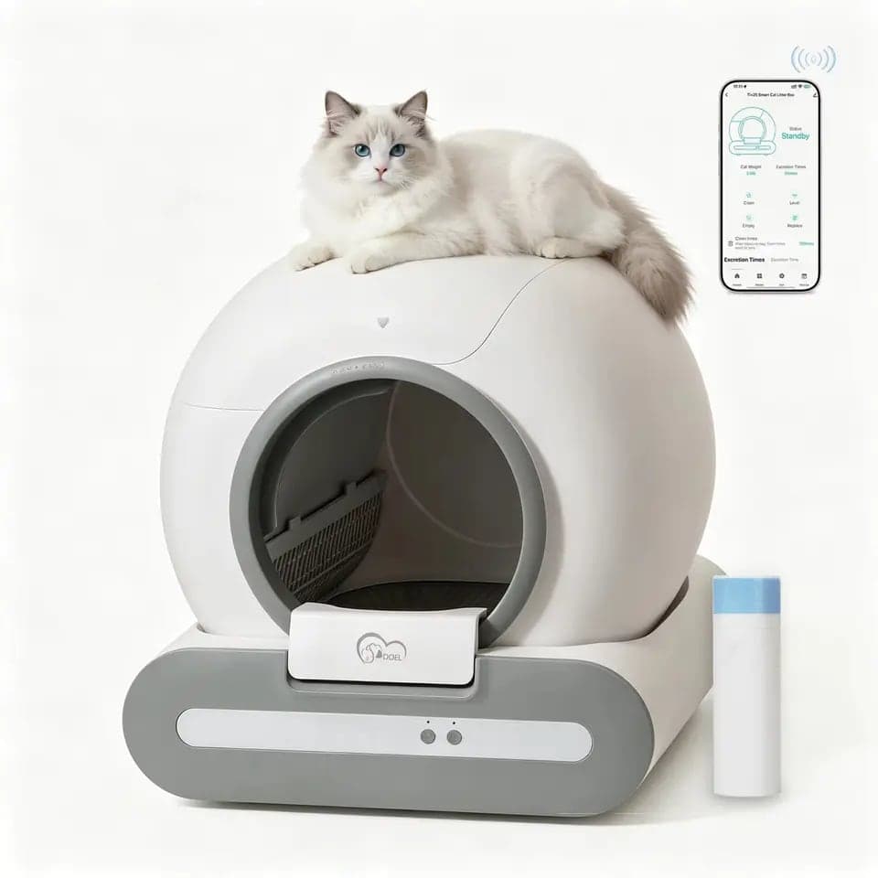 Litière connectée DOEL en dôme blanc et gris, un chat blanc couché sur le dessus, son application à côté